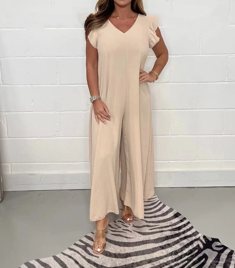 Damen luftiger Jumpsuit mit weit geschnittenem Bein und V-Ausschnitt