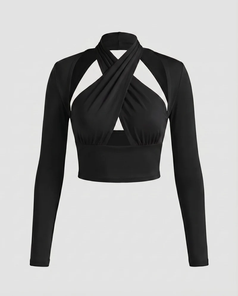 Damen elegantes Wickeloberteil mit tiefem V-Ausschnitt und langen Ärmeln