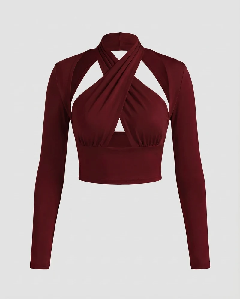 Damen elegantes Wickeloberteil mit tiefem V-Ausschnitt und langen Ärmeln