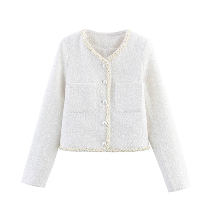 Damen modische Bouclé-Jacke mit eleganten Taschen und perlverzierten Knöpfen