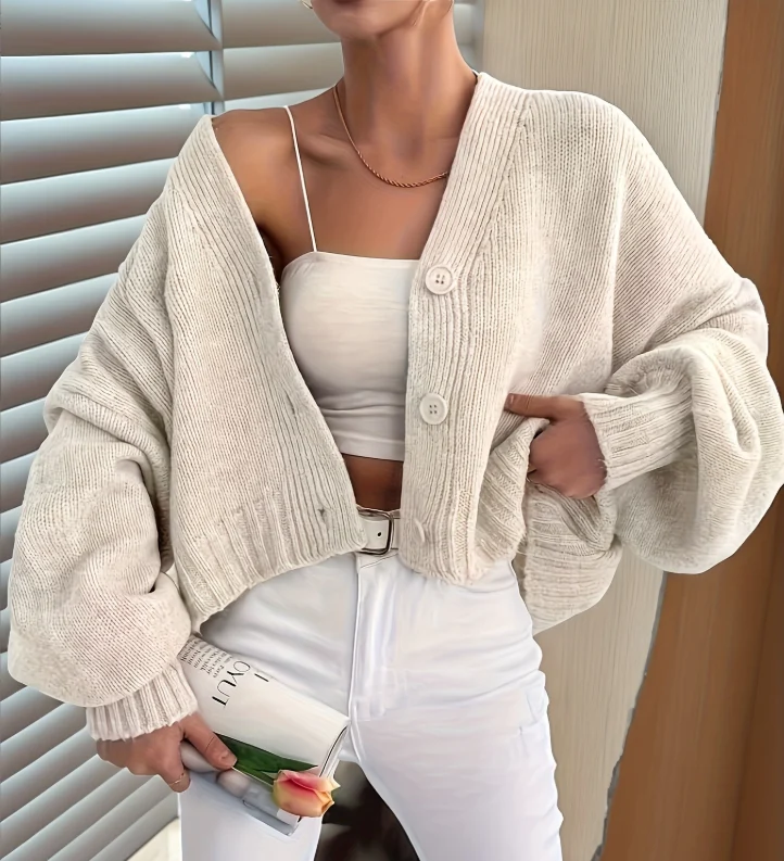 Cardigan - Damen Herbst Elfenbein Weiß Baumwoll Cardigan