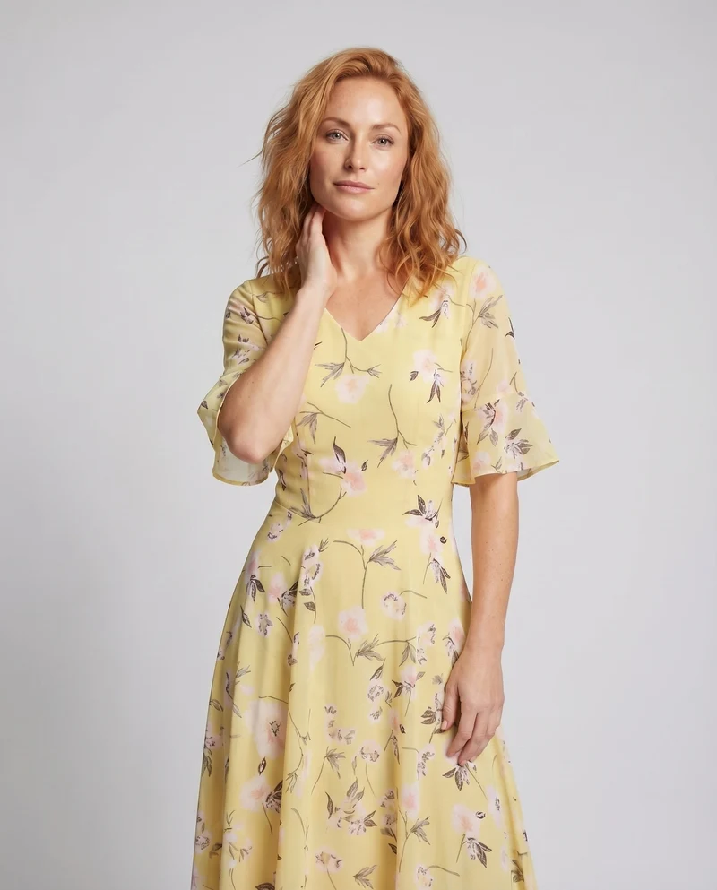 Damen Florales Maxikleid V-Ausschnitt Taillierte Miedernaht Volantärmel