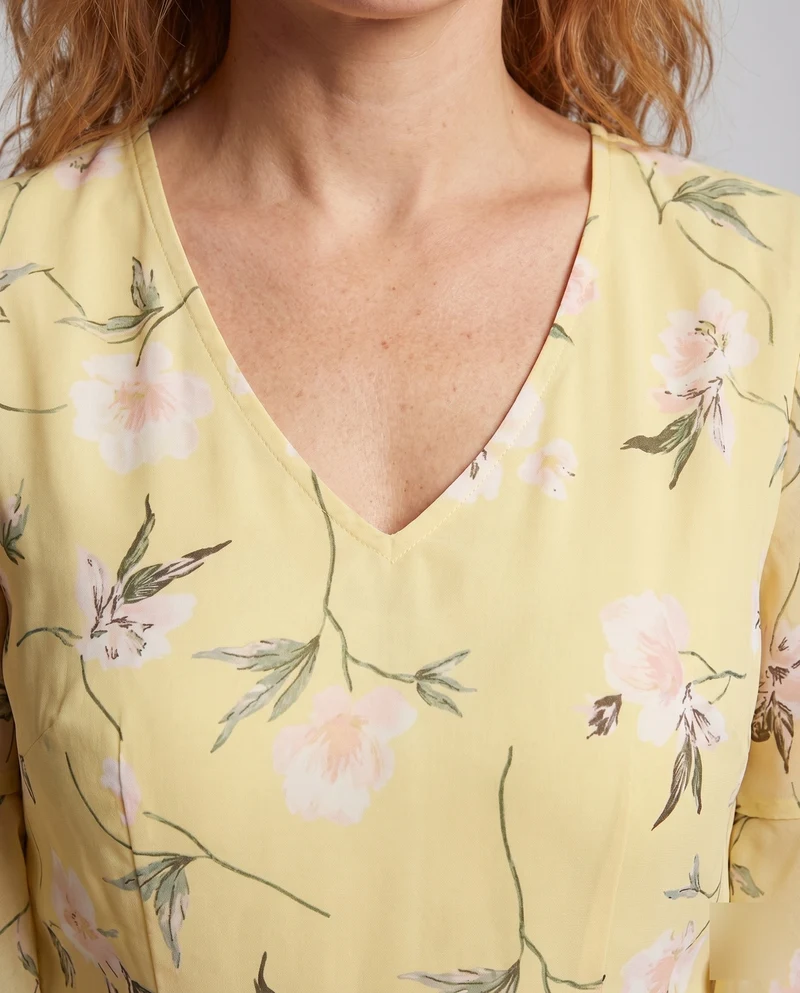 Damen Florales Maxikleid V-Ausschnitt Taillierte Miedernaht Volantärmel