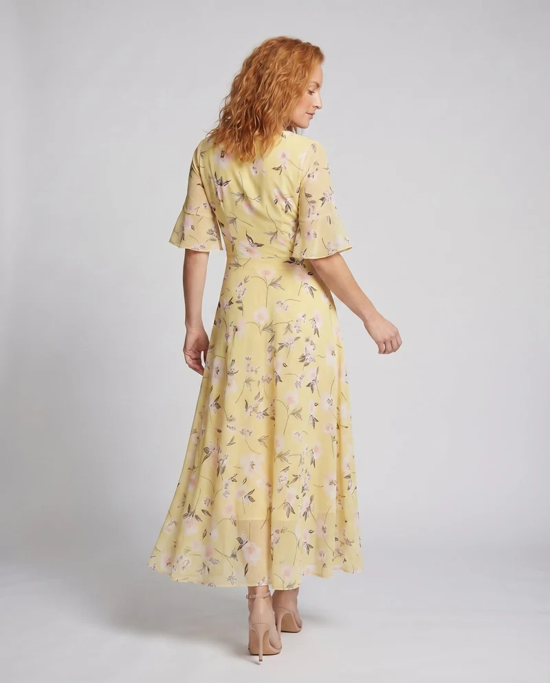 Damen Florales Maxikleid V-Ausschnitt Taillierte Miedernaht Volantärmel