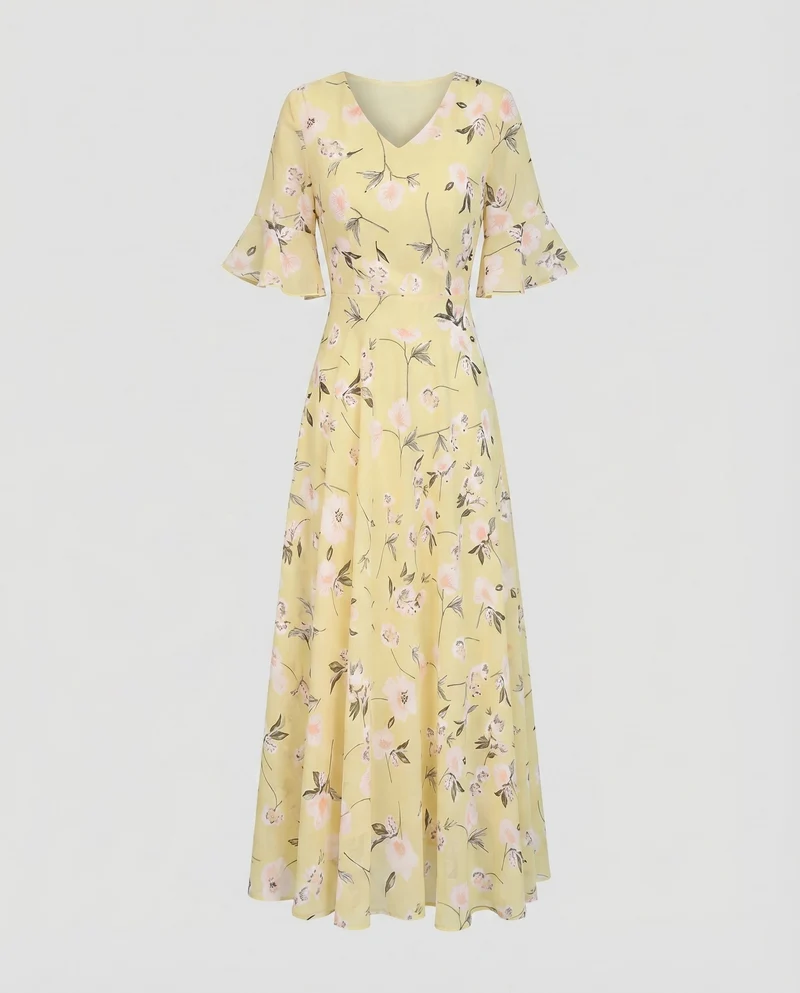 Damen Florales Maxikleid V-Ausschnitt Taillierte Miedernaht Volantärmel