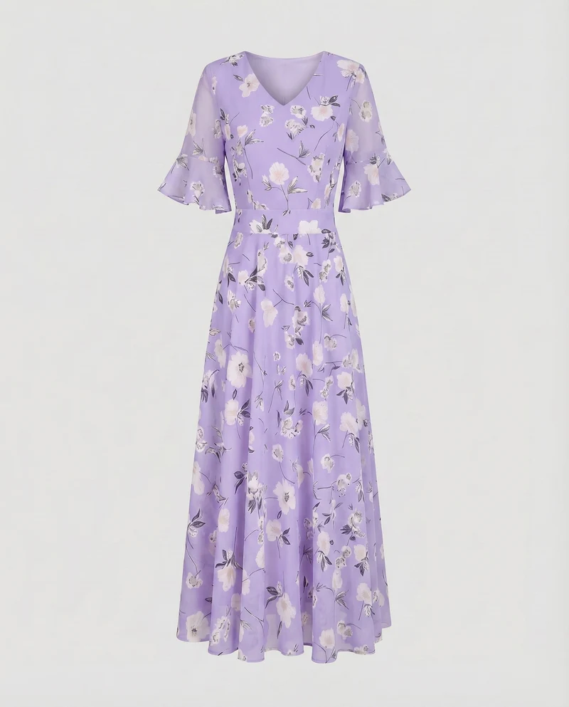 Damen Florales Maxikleid V-Ausschnitt Taillierte Miedernaht Volantärmel