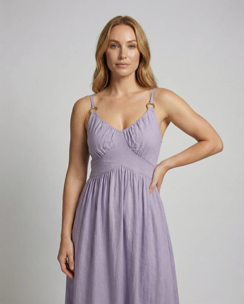Damen Luftige Empire-Taille Leinen-Baumwoll Maxikleid