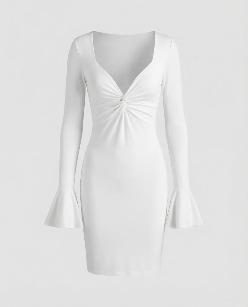 Damen Taillierte Volantmanschetten MischgewNord Taschene Midi-Bodyconkleid