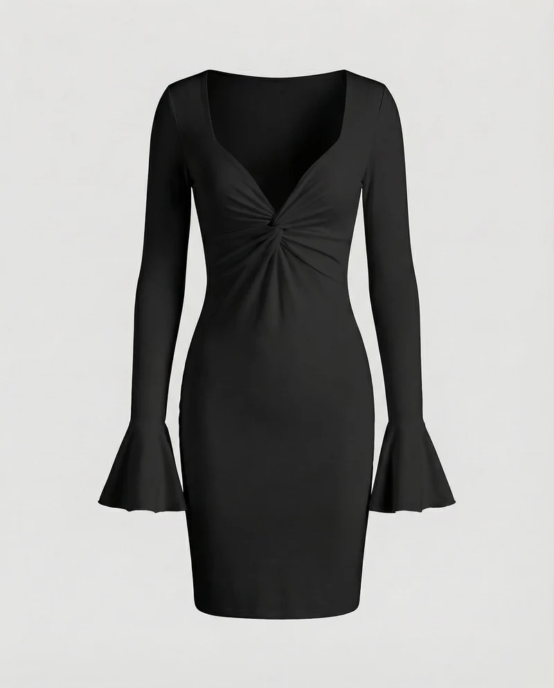 Damen Taillierte Volantmanschetten MischgewNord Taschene Midi-Bodyconkleid