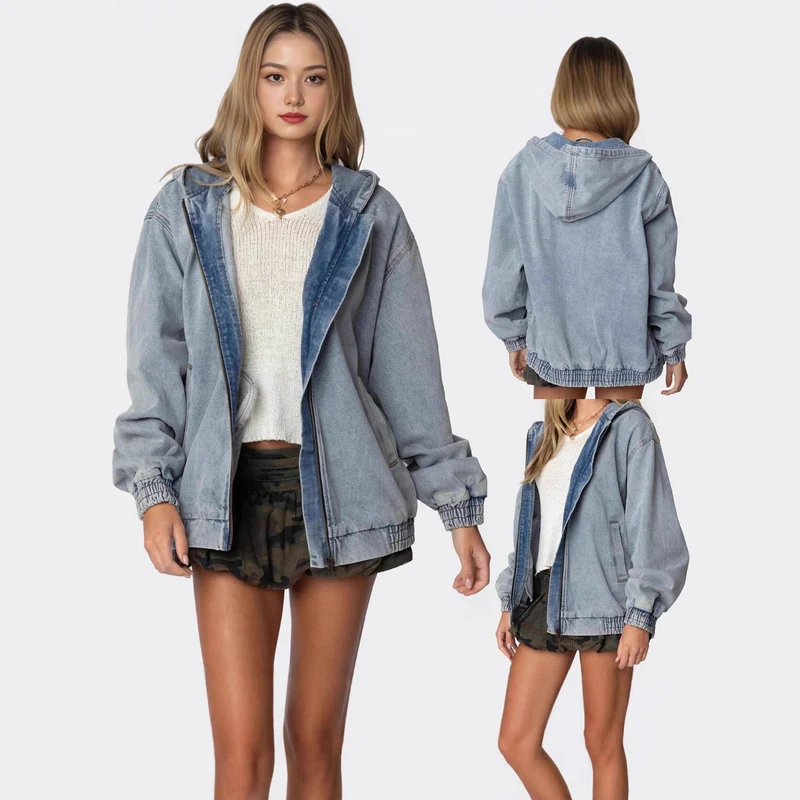 Damen Oversized Denimjacke mit Kapuze und elastischen Bündchen