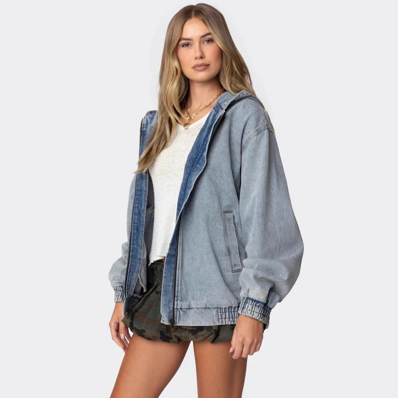 Damen Oversized Denimjacke mit Kapuze und elastischen Bündchen