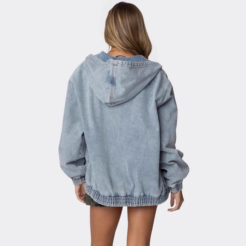 Damen Oversized Denimjacke mit Kapuze und elastischen Bündchen