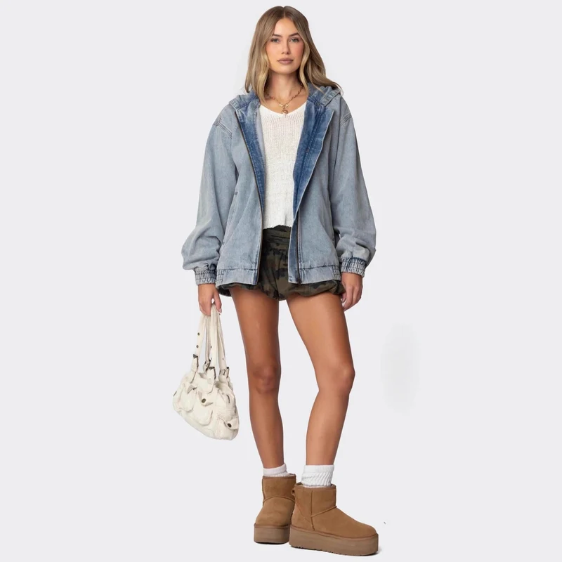 Damen Oversized Denimjacke mit Kapuze und elastischen Bündchen