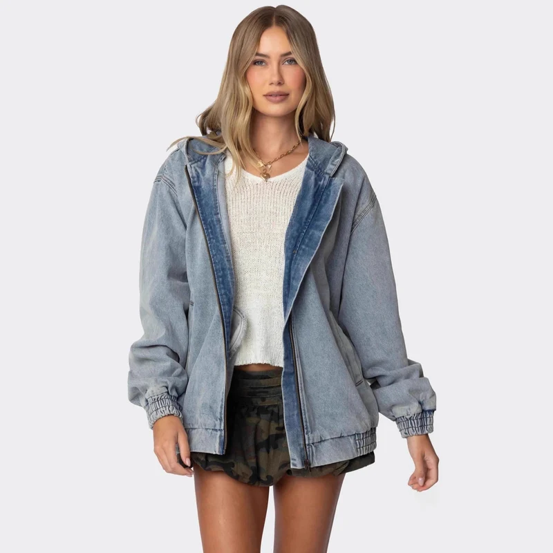 Damen Oversized Denimjacke mit Kapuze und elastischen Bündchen