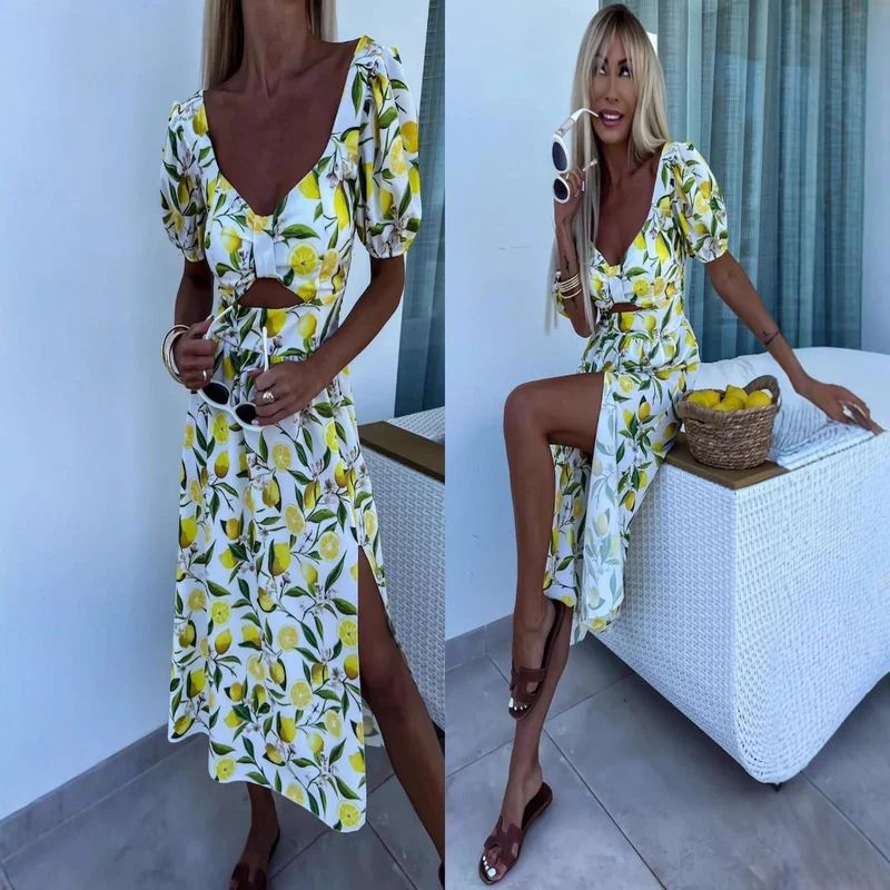 Damen Maxi Kleid mit Fruchtmotiv und Cut-Out-Details