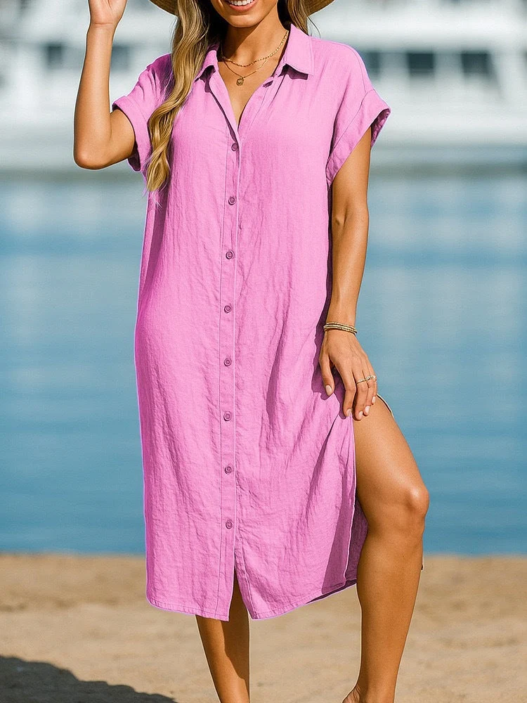 Damen lässiges Kurzarmhemdkleid mit Knopfleiste und seitlichen Schlitzen