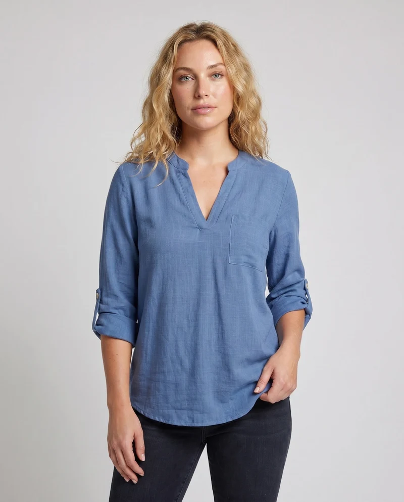 Damen Viskose-Bluse mit V-Ausschnitt und aufrollbaren Ärmeln