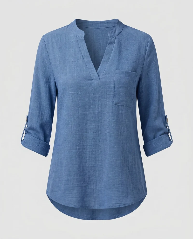 Damen Viskose-Bluse mit V-Ausschnitt und aufrollbaren Ärmeln