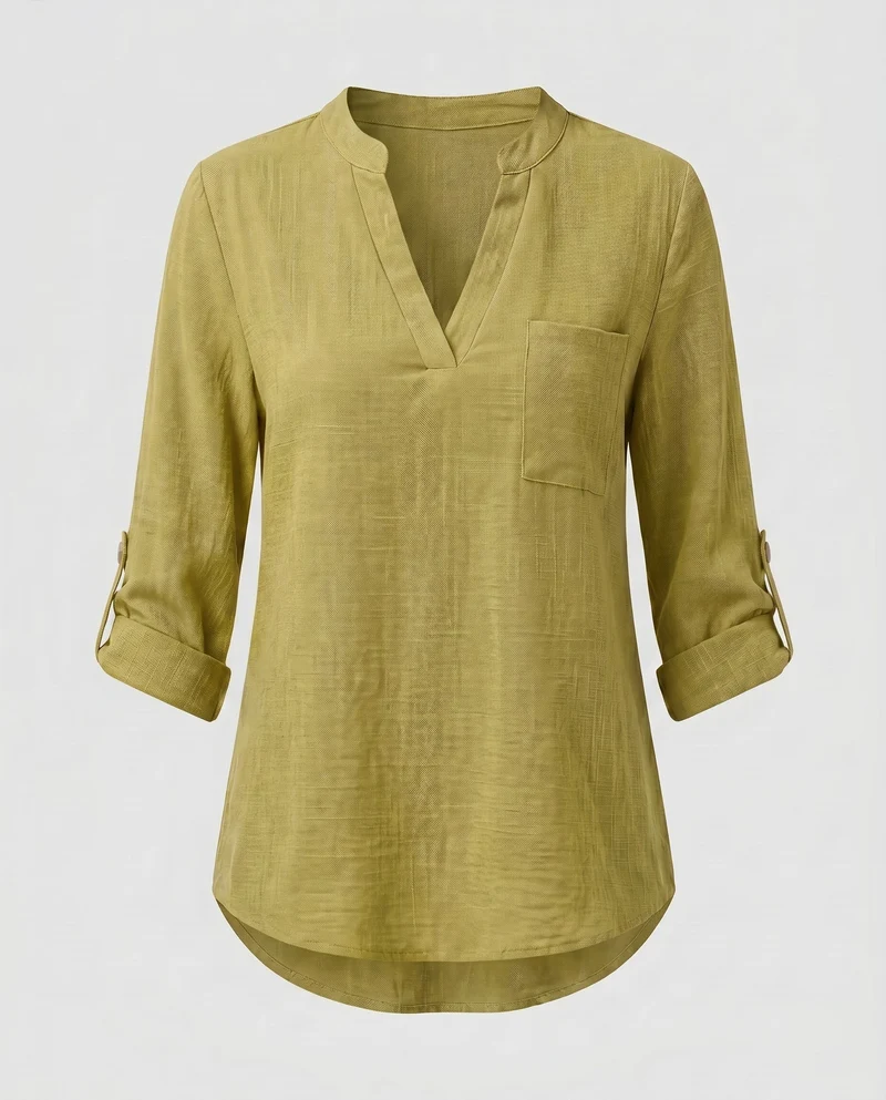 Damen Viskose-Bluse mit V-Ausschnitt und aufrollbaren Ärmeln