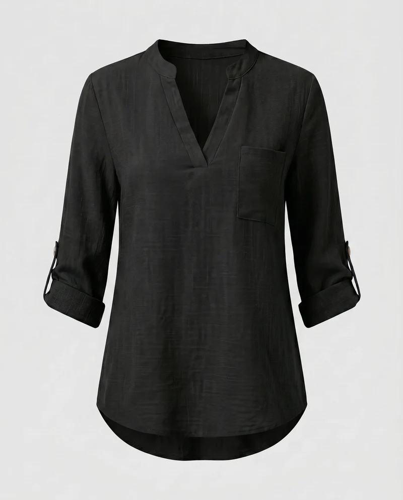 Damen Viskose-Bluse mit V-Ausschnitt und aufrollbaren Ärmeln
