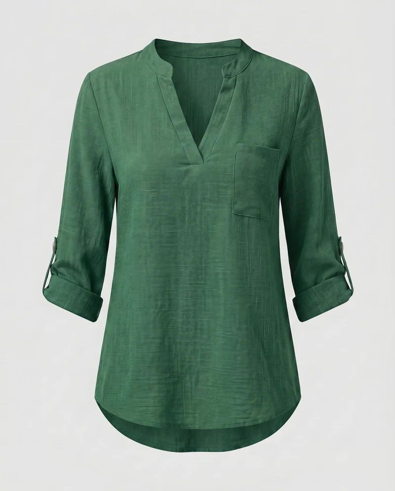 Damen Viskose-Bluse mit V-Ausschnitt und aufrollbaren Ärmeln