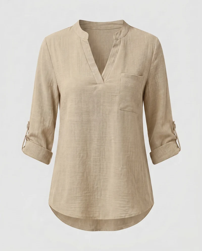 Damen Viskose-Bluse mit V-Ausschnitt und aufrollbaren Ärmeln
