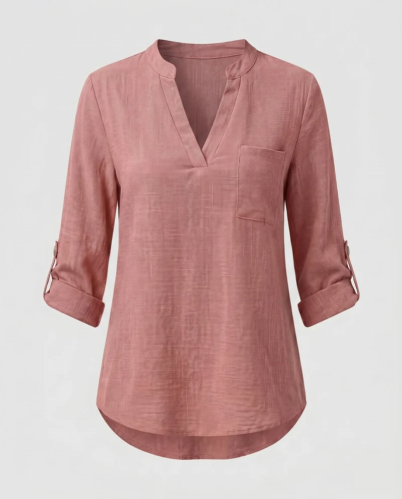 Damen Viskose-Bluse mit V-Ausschnitt und aufrollbaren Ärmeln