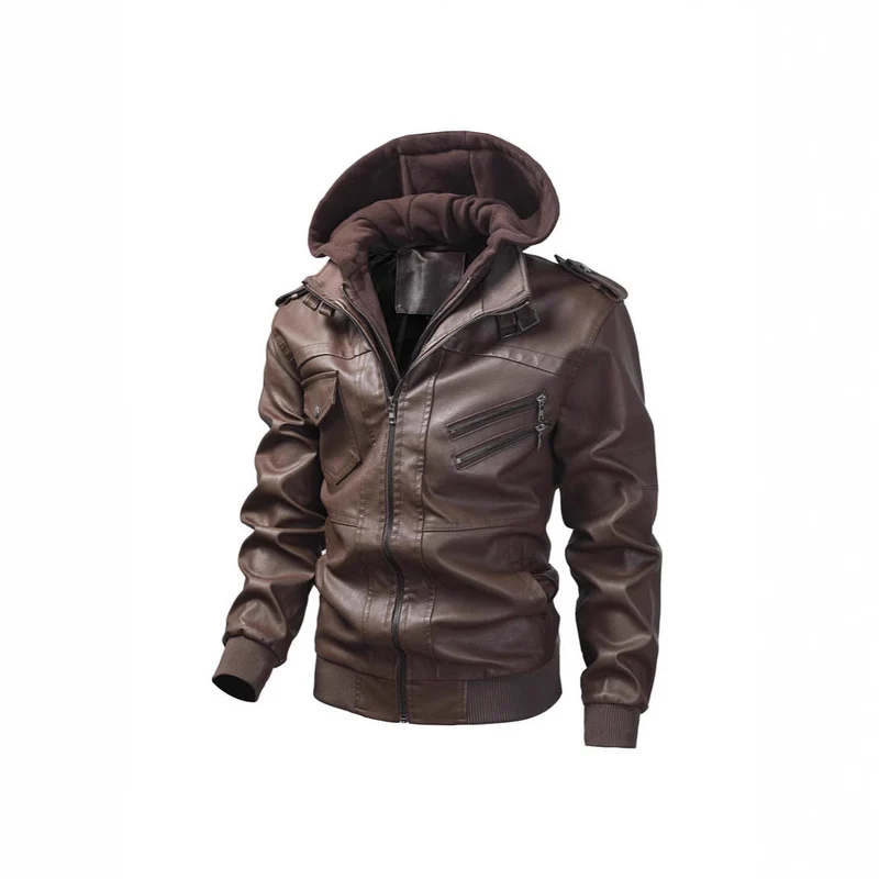 Herren Kunstlederjacke mit abnehmbarer Kapuze und Multifunktions-Taschen Nord Taschen