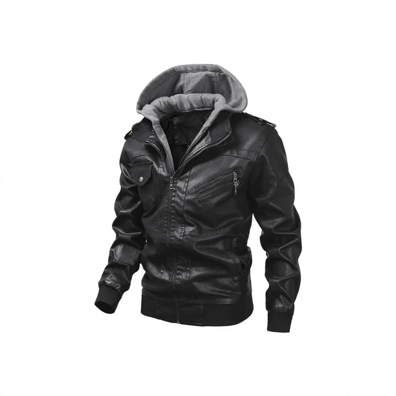 Herren Kunstlederjacke mit abnehmbarer Kapuze und Multifunktions-Taschen Nord Taschen
