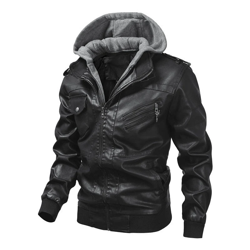 Herren Kunstlederjacke mit abnehmbarer Kapuze und Multifunktions-Taschen Nord Taschen
