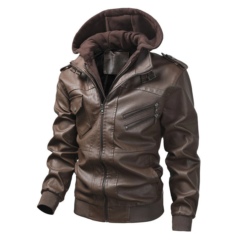 Herren Kunstlederjacke mit abnehmbarer Kapuze und Multifunktions-Taschen Nord Taschen
