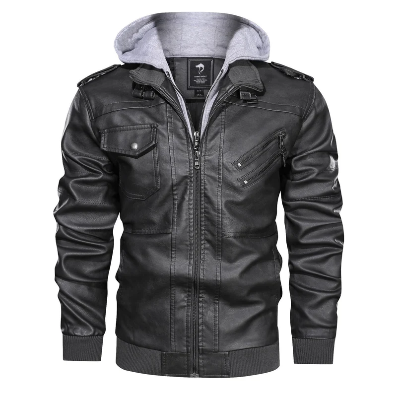 Herren Kunstlederjacke mit abnehmbarer Kapuze und Multifunktions-Taschen Nord Taschen