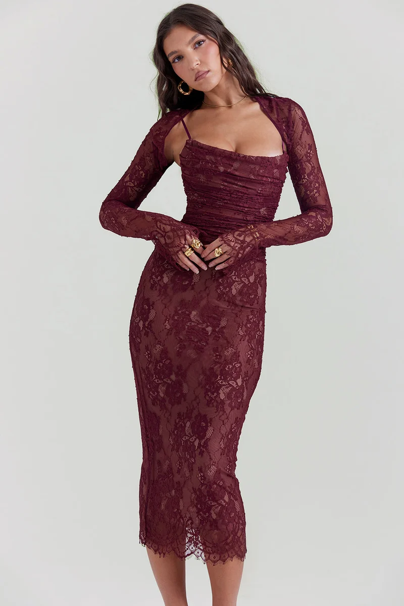 Midi Kleid aus Bordeauxrotem Spitze - Arvani