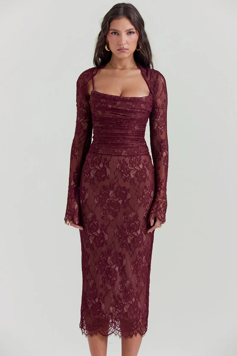 Midi Kleid aus Bordeauxrotem Spitze - Arvani