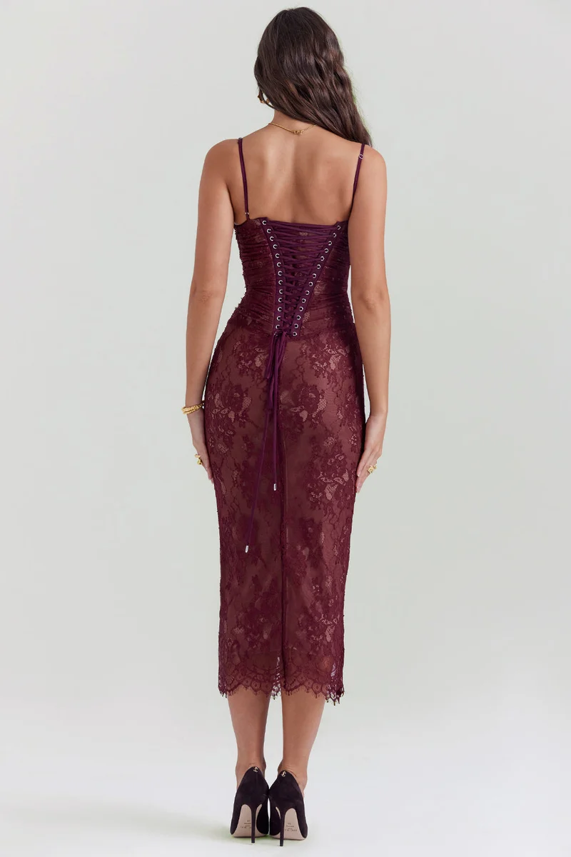 Midi Kleid aus Bordeauxrotem Spitze - Arvani