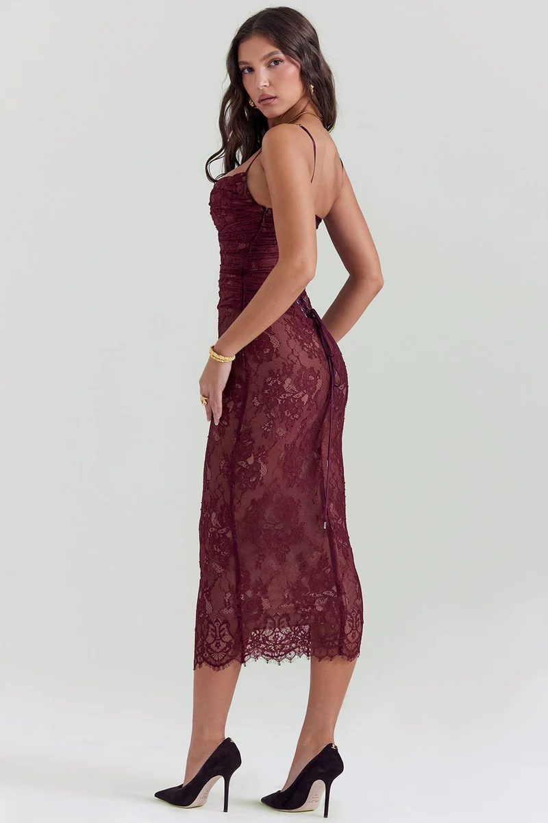 Midi Kleid aus Bordeauxrotem Spitze - Arvani