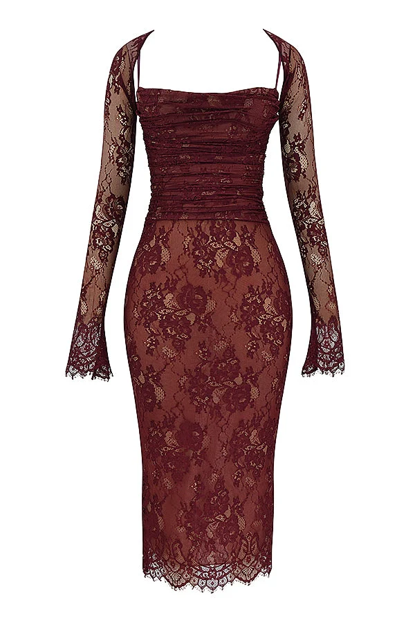 Midi Kleid aus Bordeauxrotem Spitze - Arvani