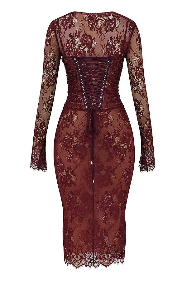 Midi Kleid aus Bordeauxrotem Spitze - Arvani