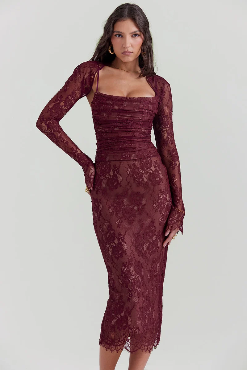 Midi Kleid aus Bordeauxrotem Spitze - Arvani
