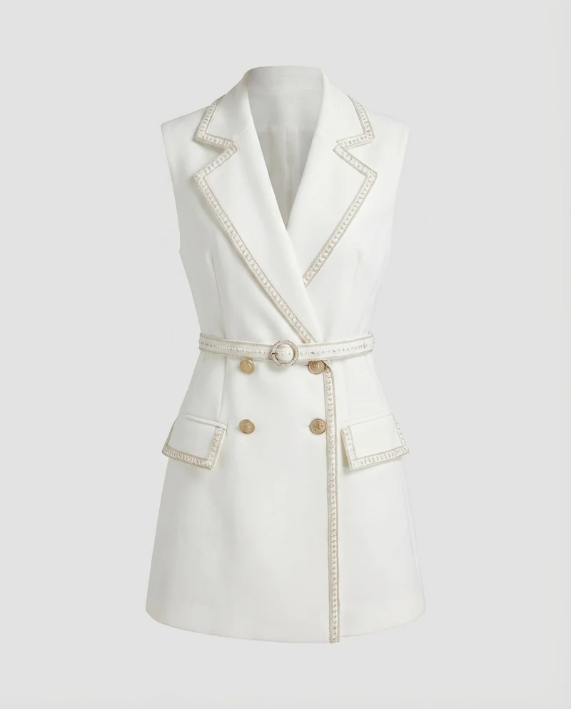 Damen Blazer-Minikleid Perlenbesatz Taillengürtel Ärmellos