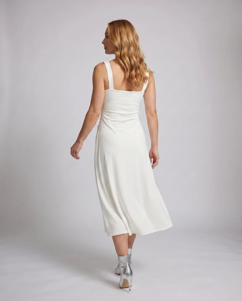 Damen elegantes und figurbetontes Midikleid mit verstellbaren Spaghettiträgern und raffinierten Details