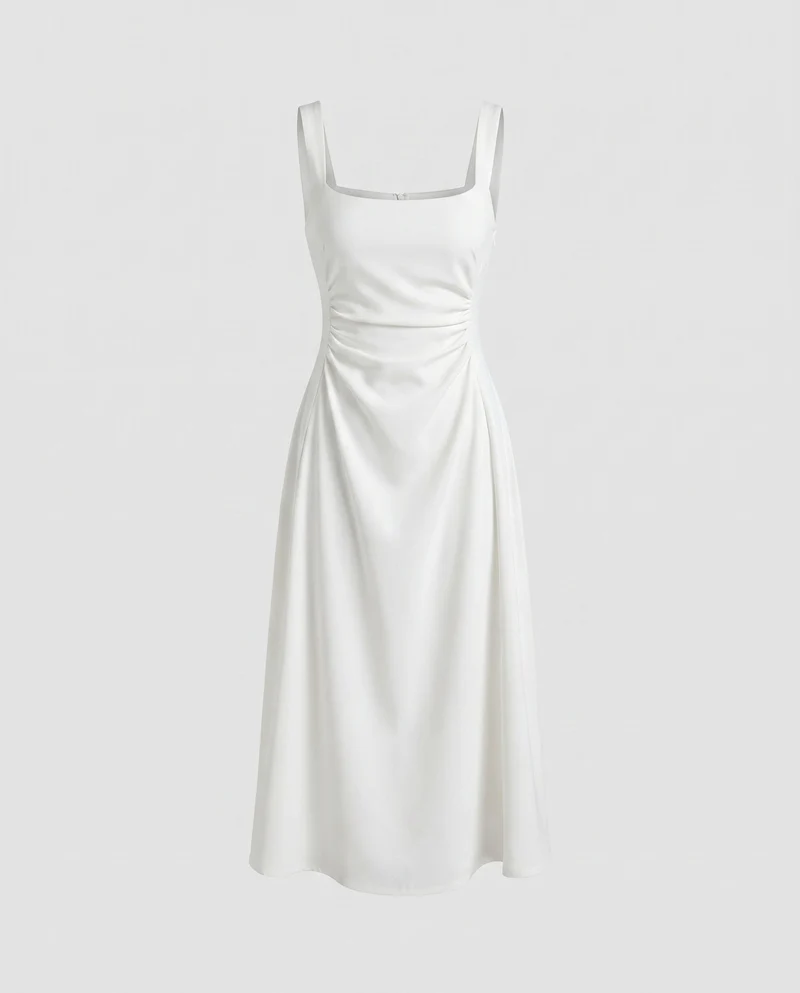 Damen elegantes und figurbetontes Midikleid mit verstellbaren Spaghettiträgern und raffinierten Details