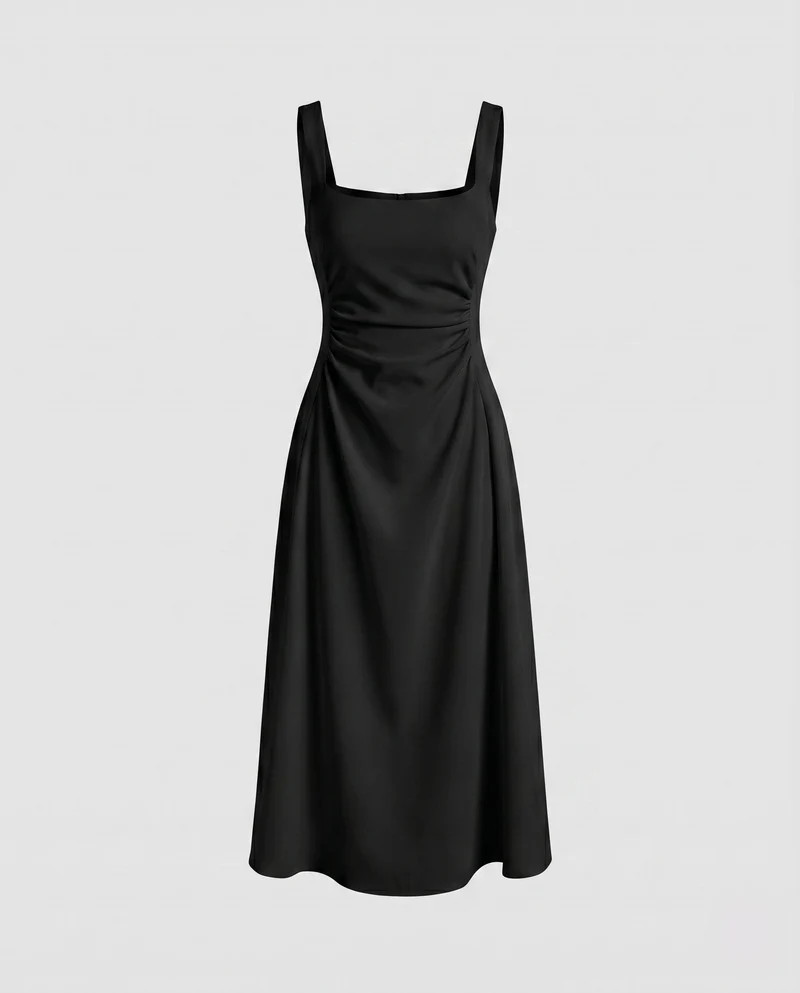 Damen elegantes und figurbetontes Midikleid mit verstellbaren Spaghettiträgern und raffinierten Details