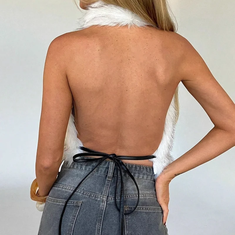 Damen Kurze Weste aus Kunstfell mit Taillengürtel Nord Taschen