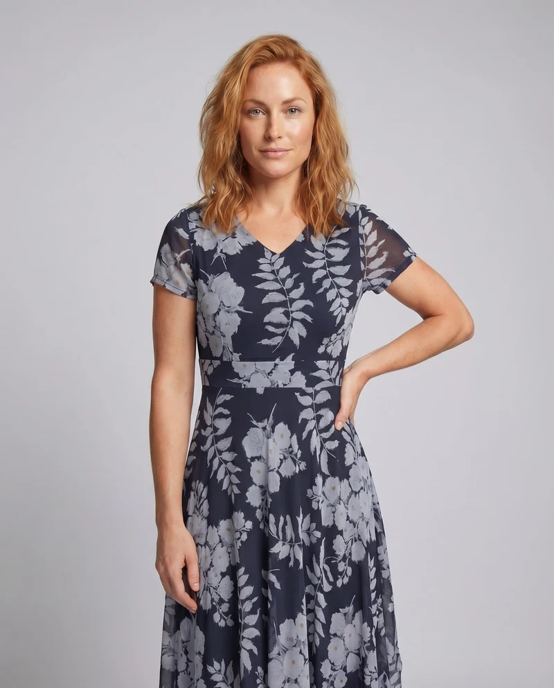 Damen Chiffon-Lagen-Midikleid V-Ausschnitt Floraler Alloverprint Tailliert