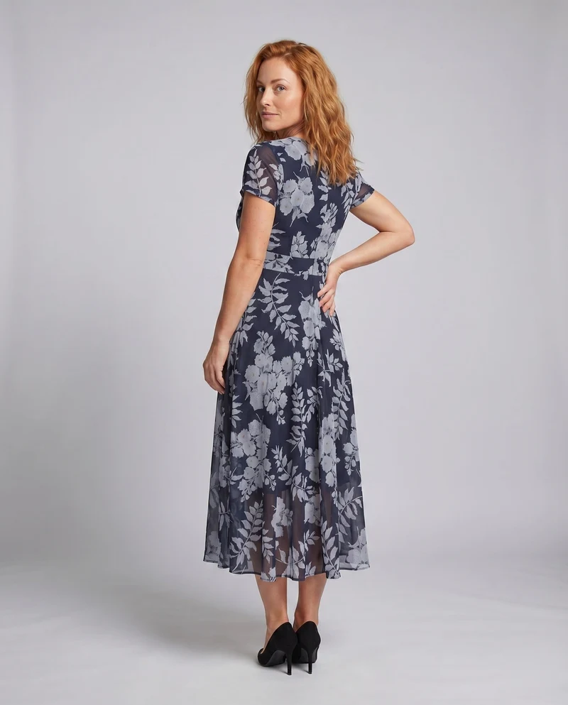 Damen Chiffon-Lagen-Midikleid V-Ausschnitt Floraler Alloverprint Tailliert
