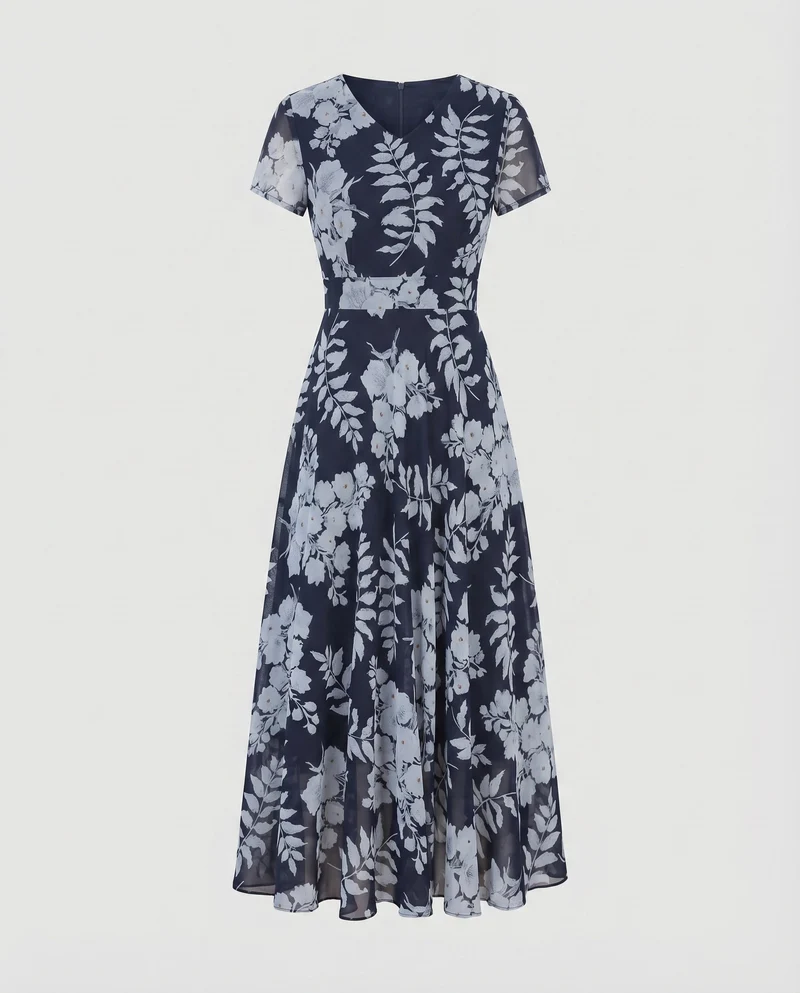 Damen Chiffon-Lagen-Midikleid V-Ausschnitt Floraler Alloverprint Tailliert