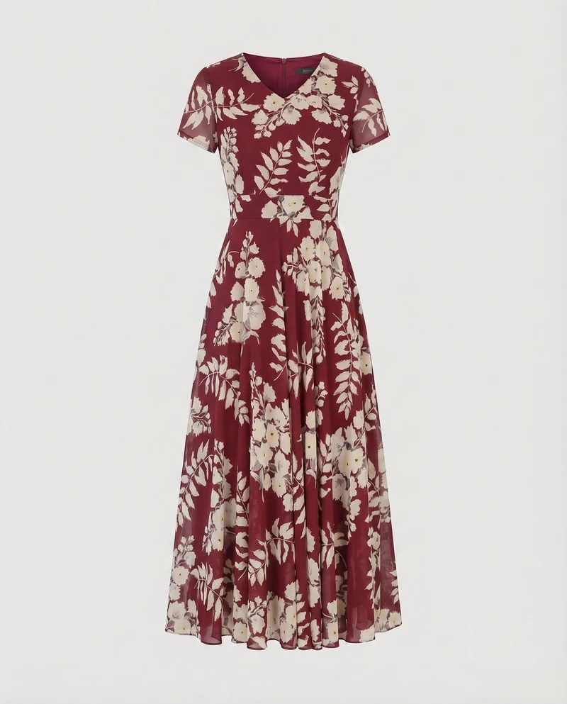 Damen Chiffon-Lagen-Midikleid V-Ausschnitt Floraler Alloverprint Tailliert