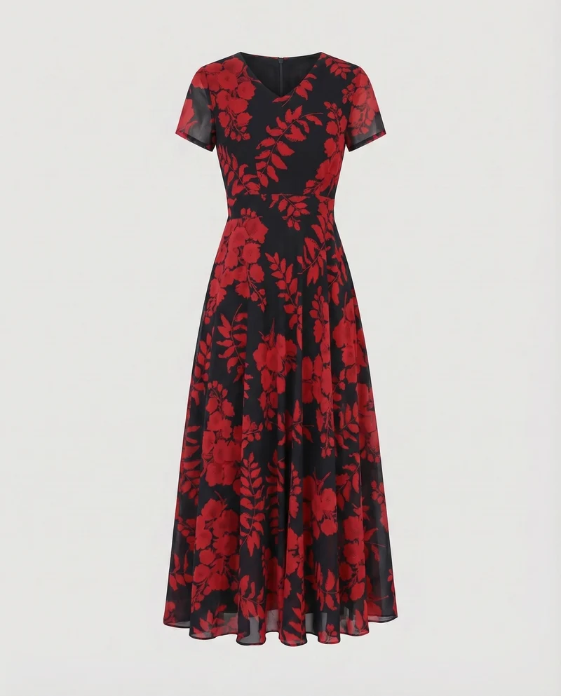 Damen Chiffon-Lagen-Midikleid V-Ausschnitt Floraler Alloverprint Tailliert