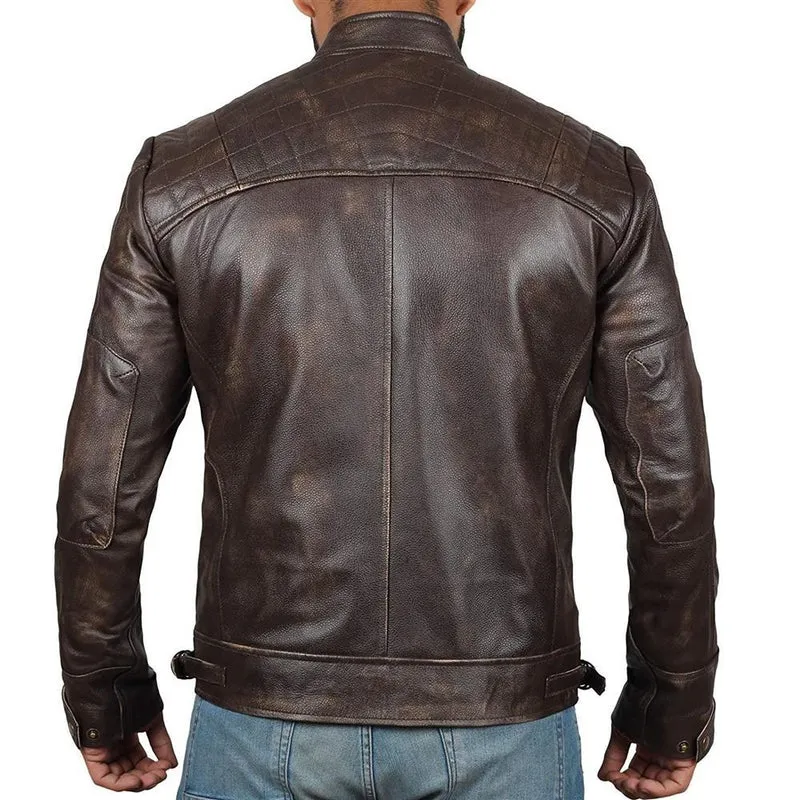 Herren Lederjacke Bikerstil aus echtem Leder mit Stehkragen und Zipper-Taschen Nord Taschen